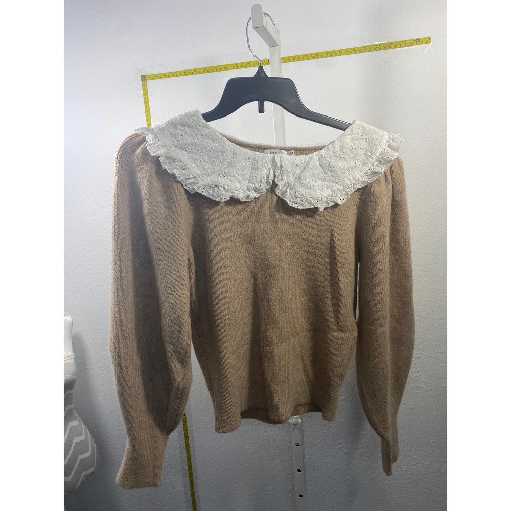 Lush Tan Puff Sleeve Sweater White Eyelet Lace Peter Pan Collar Camel‎ Large